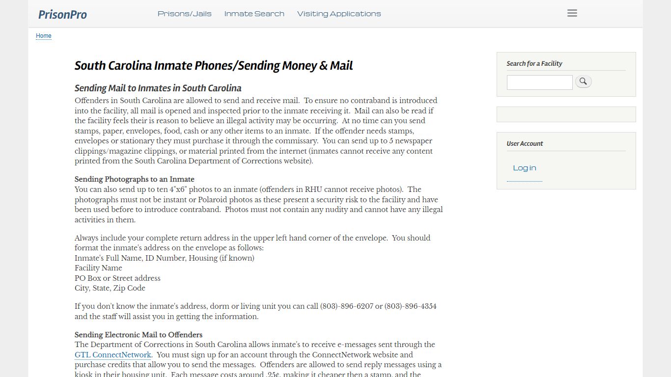 South Carolina Inmate Phones/Sending Money & Mail - PrisonPro